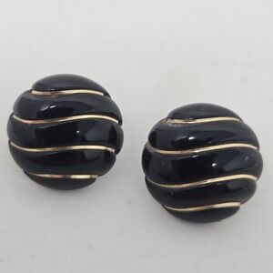 Vintage 14K Gold Post Black Ribbed Scalloped Round Button Stud Earrings 0.75in